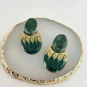 Vintage Enamel / Drip Glaze Retro Green & Yellow Oval Dangle Earrings